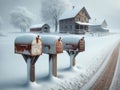 Three Rusted Mailboxes on a Icy Country Road Landscape Scene in Winter Old Homestead House Property AI Generate Royalty Free Stock Photo