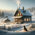 A Frosty Country Scene in Winter Old Homestead House Property AI Generated