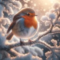 A European Robin Perched on a Snow Covered Tree Branch during a Winter Snowstorm AI Generated
