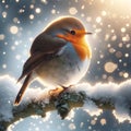 European Robin Perched on a Snow Covered Tree Branch during a Winter Snowstorm AI Generated Royalty Free Stock Photo