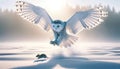 A large white Snowy Owl swooping low to catch a mouse in winter AI Generated Royalty Free Stock Photo