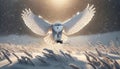 A Snowy Owl swooping low to catch a mouse on a winter evening AI Generated Royalty Free Stock Photo