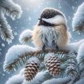 A Chickadee Perched on a Fir Tree Branch during a Snowstorm AI Generated