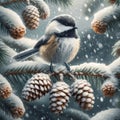 A Chickadee Perched on a Fir Tree Branch during Winter AI Generated