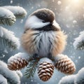 A Single Chickadee Perched on a Branch during a Snowstorm AI Generated