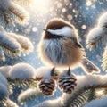 A Fluffed-up Cute Mountain Chickadee Perched on a Tree Branch during Winter AI Generated