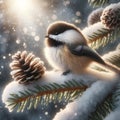 Fluffy Cute Single Mountain Chickadee Perched on a Tree Branch during Winter AI Generated