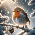 A Cute European Robin Perched on a Snow Covered Tree Branch during a Winter Snowstorm AI Generated Royalty Free Stock Photo