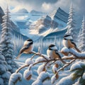 Three Mountain Chickadees Perched on a Tree Branch during Winter AI Generated