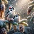 Two Downy Woodpeckers Perched on a Pine Tree Branch during a Winter Snowstorm AI Generated