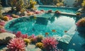 A swimming pool with pink flowers and rocks surrounding it. Royalty Free Stock Photo