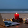 AI-Generated: Red Candle, Pine Cones, and Fairy Lights on Table with Laptop by the Beach Royalty Free Stock Photo