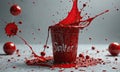 A cup of red liquid is spilling out of it, with the word \