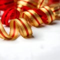 AI-Generated: Red and Gold Striped Ribbons Curled on a White Surface Royalty Free Stock Photo
