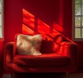 White fluffy pillow isolated on the red sofa and wall.