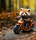 AI generated a red toy panda on a minibike riding through a forest. Royalty Free Stock Photo