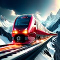 , AI Generated. Red train under snowcapped mountain