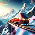 , AI Generated. Red train under snowcapped mountain