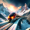 , AI Generated. Red train under snowcapped mountain