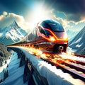 , AI Generated. Red train under snowcapped mountain