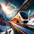 , AI Generated. Red train under snowcapped mountain