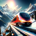 , AI Generated. Red train under snowcapped mountain