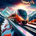 , AI Generated. Red train under snowcapped mountain