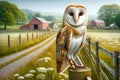 Barn Owl Countryside Springtime Farming Red Barn Fencing AI Generated