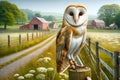 Barn Owl Countryside Springtime Farming Red Barn Fencing AI Generated Royalty Free Stock Photo