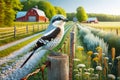 Countryside Springtime Farming Red Barn Fencing Northern Shrike AI Generated