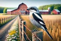 Countryside Springtime Farming Red Barn Fencing Northern Shrike AI Generated