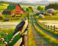 Red-tailed Hawk Wood Fence Post Countryside Springtime Farming Landscape Red Barn AI Generated