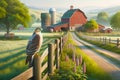 Red-tailed Hawk Wood Fence Post Countryside Springtime Farming Landscape Red Barn AI Generated