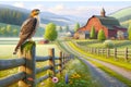 Red-tailed Hawk Wood Fence Post Countryside Springtime Farming Landscape Red Barn AI Generated