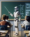 Futuristic AI Robot Professor Teaching High School Students Classroom Cyborg Education Class Desks Artificial Intelligence