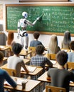 Futuristic AI Robot Professor Teaching High School Students Classroom Cyborg Education Class Desks Artificial Intelligence