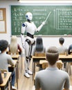 Futuristic AI Robot Professor Teaching High School Students Classroom Cyborg Education Class Desks Artificial Intelligence