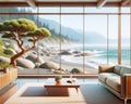 Designer Luxury Oceanfront Property Vintage Retro Mid-Century Modern Home House interior Living Room Scenic Ocean AI Generated Royalty Free Stock Photo
