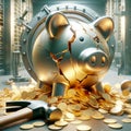 Hammer Broken Piggy Bank Saving Money Banking Global Currency Gold Coins Debt Bubble AI Generated Royalty Free Stock Photo