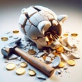 Hammer Broken Piggy Bank Saving Money Banking Global Currency Gold Coins Debt Bubble AI Generated Royalty Free Stock Photo