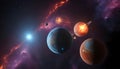 rendering of planets in space solaar system, surrounded by colorful milkyways