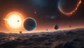 rendering of planets and stars in space environment, with sun, stones, and stars on the sky