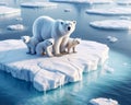 Family Polar Bears North Pole Stranded Global Warming Floating Ice island Melting Climate Change AI Generated