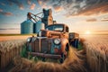 Canadian Prairies Sunrise Grain Elevators Rural Countryside Vintage Retro Rusted Vehicles Farming AI Generated Royalty Free Stock Photo