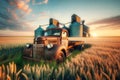 Canadian Prairies Sunrise Grain Elevators Rural Countryside Vintage Retro Rusted Vehicles Farming AI Generated Royalty Free Stock Photo