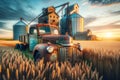 Canadian Prairies Sunrise Grain Elevators Rural Countryside Vintage Retro Rusted Vehicles Farming AI Generated Royalty Free Stock Photo