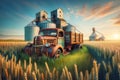 Canadian Prairies Sunrise Grain Elevators Rural Countryside Vintage Retro Rusted Vehicles Farming AI Generated Royalty Free Stock Photo