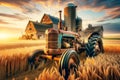 Prairie Sunrise Landscape Wheat Field Rural Countryside Vintage Retro Rusted Tractor Farming Vehicle AI Generated