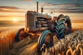 Prairie Sunrise Landscape Wheat Field Rural Countryside Vintage Retro Rusted Tractor Farming Vehicle AI Generated