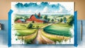 Watercolor Painting Farmland Red Barn Scene Pastel Colored Springtime Country AI Generate Royalty Free Stock Photo